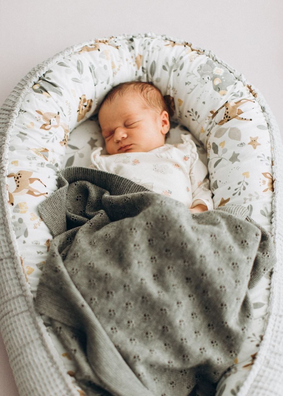 Neugeborenes schlafend im Babynest, Neugeborenenfoto
